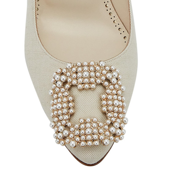 Manolo Blahnik Hangisi 70 Oatmeal Linen Pearl Jewel Buckle Low Heel Pump 39 - Picture 7 of 12